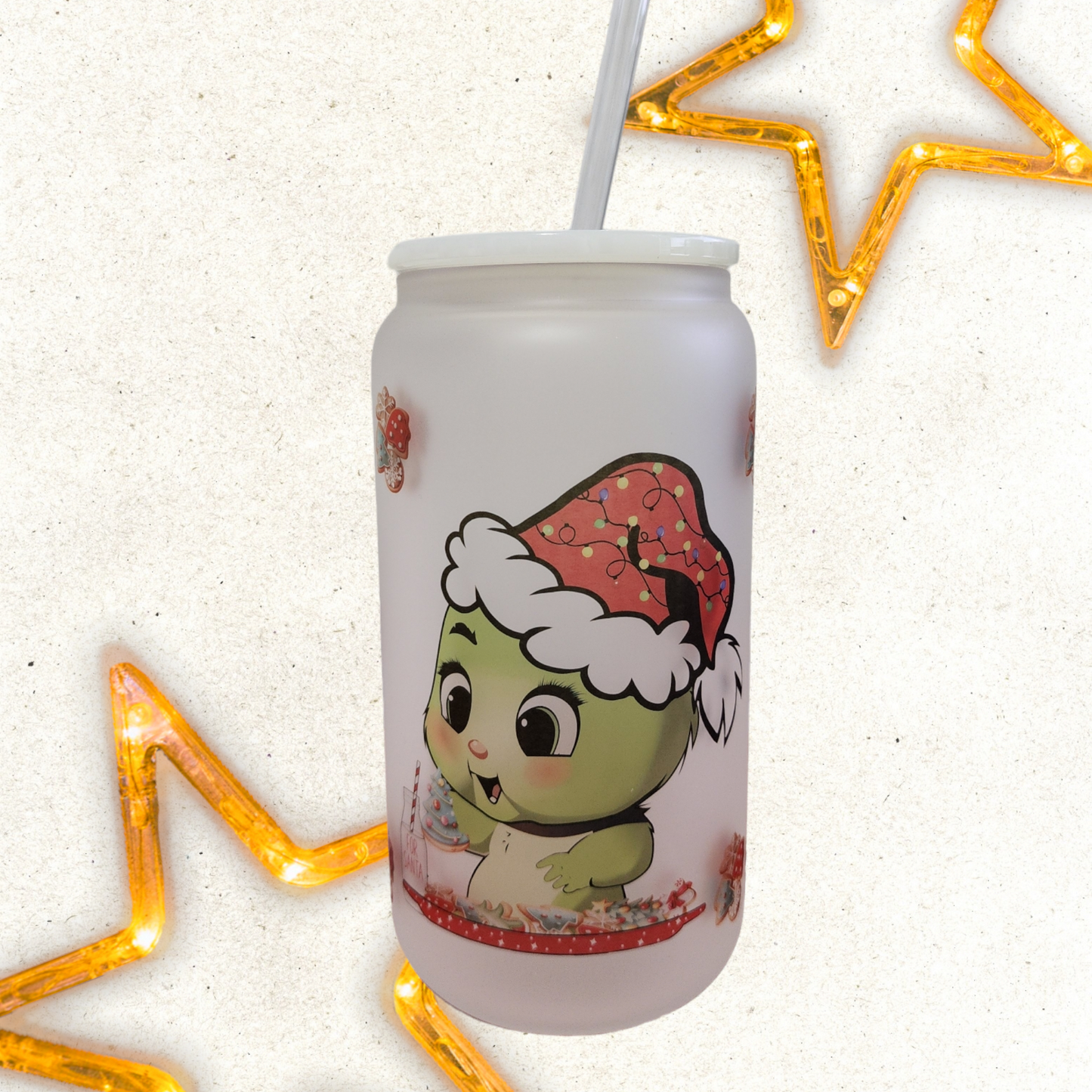 Baby green guy red santa hat frosted cup